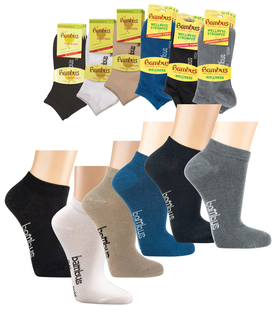6-12 Sneaker Bambus Socken für Damen in 3 Farben Weiß Grau Schwarz 